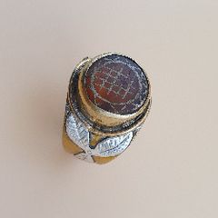 Vintage Etched Carnelian Agate Brass with Silver inlay Flower desgin Ring