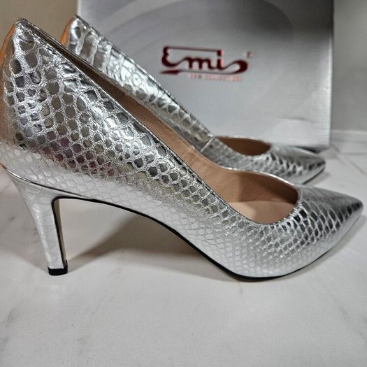 Emis new collection court silver snake skin medium heel leather shoes UK4.5 EU 37.5 new & boxed