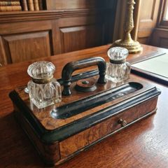 Victorian Burr Walnut Table Inkwell Stand