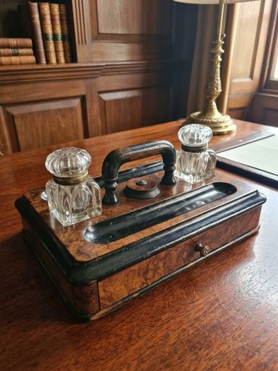 Victorian Burr Walnut Table Inkwell Stand