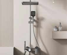4 Function Shower Mixer Set with Rainfall Top, 3-Spray Handheld, Pull-Out Spray Gun & Tap, Height Adjustable Riser Bar,Grey Titanium Colour