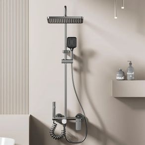 4 Function Shower Mixer Set with Rainfall Top, 3-Spray Handheld, Pull-Out Spray Gun & Tap, Height Adjustable Riser Bar,Grey Titanium Colour