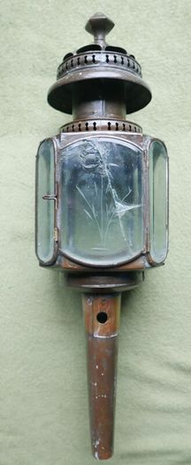 Vintage Pair of Brass Carriage Lamps, by Lime House Lamp Company, pierced canopies, bevelled etched glass chambers, 22" long