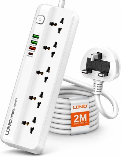 LDNIO SC5415 Surge Fast charging Power Strip with 5 Ac Outlets & 4USB Charging Ports 2m Extension PD power Soket - White