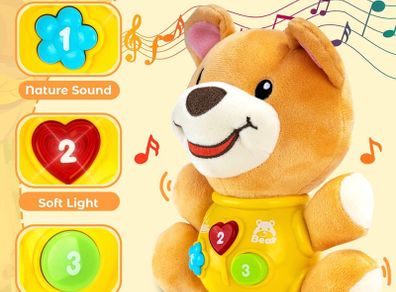 Baby Musical Toys for 6-12 Months, Interactive Bear Plush Toys Sound Toys with Light Up, Baby Sensory Toys for 1 2 3 Year Old Boys Girls, Learning Tummy Time Toys for 1st Birthday Gifts