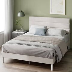 Double Bed Frame with Headboard 4ft6 135 x 190 cm 11.8 Height Upholstered Bed Base Wooden Slat Support  Easy Assembly Off White