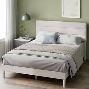 Double Bed Frame with Headboard 4ft6 135 x 190 cm 11.8 Height Upholstered Bed Base Wooden Slat Support  Easy Assembly Off White