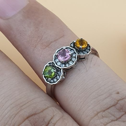 Vintage 925 Sterling Silver Multi-Stone Tourmaline Adjustable Ring