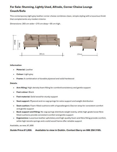Alfredo light grey leather corner chaise sofa