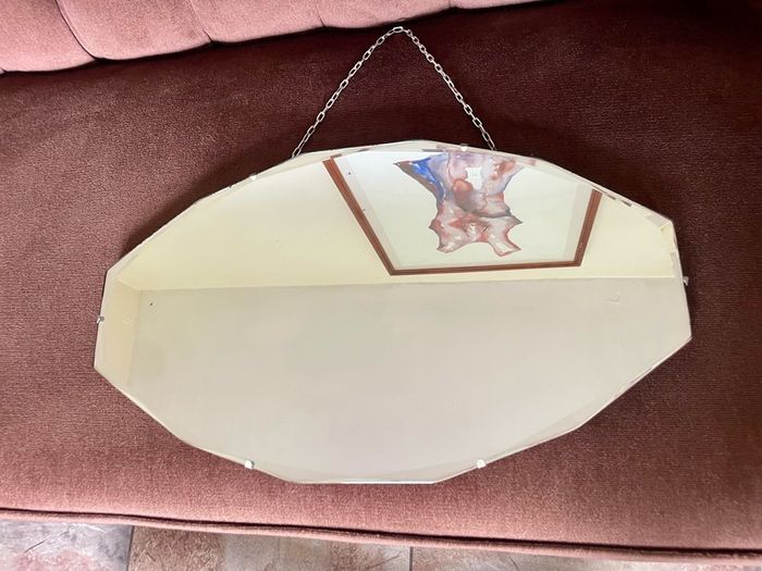 Petite Oval Bevelled Early 20th Century Frameless Mirror with Original Chain
