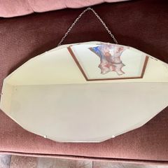 Petite Oval Bevelled Early 20th Century Frameless Mirror with Original Chain