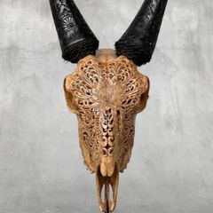 Authentic Hand Carved Goats Head And Horns (38cm) - Bone, Metal Stand