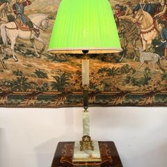 1950s Onyx and Brass Table Lamp with Green Shade