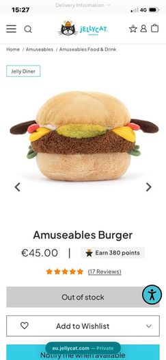 New JELLYCAT Amuseables Burger