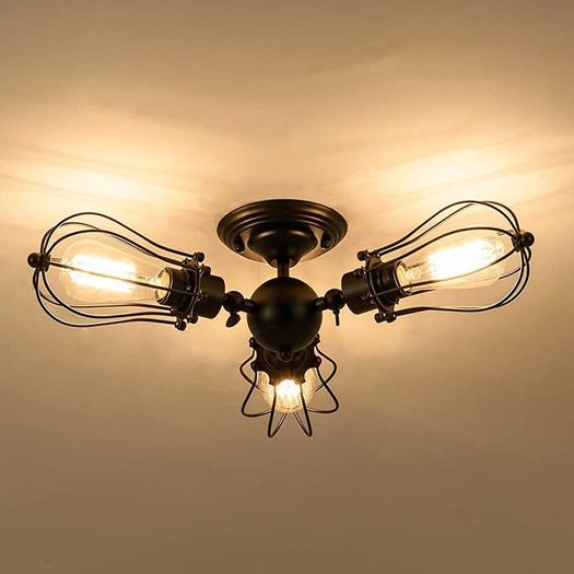 Vintage Ceiling Lights Adjustable Socket Industrial Chandeliers Metal Wire Cage Lamp Semi-Flush Mount Rustic Ceiling Indoor Home Retro Lighting Fixture 3-Light(Bulbs Not Included) MULTIPLE COLOURS AVAILABLE (FREE POSTAGE)