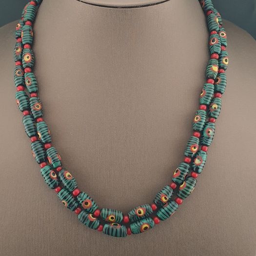 Antique Gabri Eyes Feather Desgin & Venetian Whiteheart Glass Beads Necklace