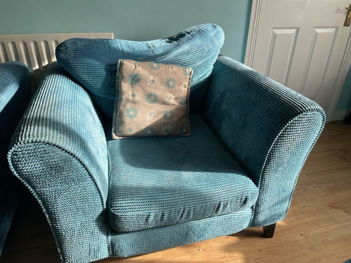 Blue 2 seater couch , single couch and footstool