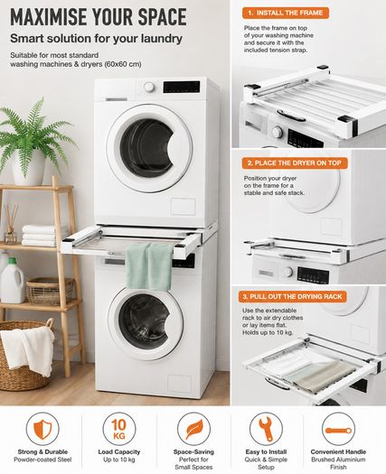 Washing Machine and Tumble Dryer Stacking Kit with Pull-Out Drying Rack