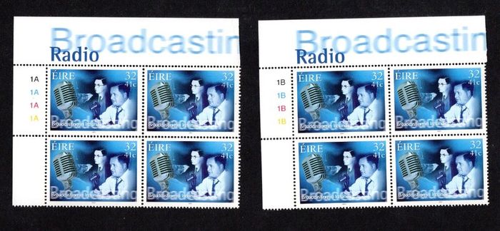 2001 Ireland Broadcasting in Ireland Commemorative Stamps Plate Blocks 1A1A1A1A & 1B1B1B1B Mint Never Hinged (MNH)