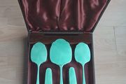 Vintage Art Deco 5 piece silver plated &amp; light green guilloche enamel dressing table set, cased