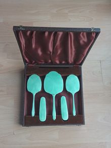 Vintage Art Deco 5 piece silver plated & light green guilloche enamel dressing table set, cased