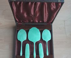 Vintage Art Deco 5 piece silver plated & light green guilloche enamel dressing table set, cased