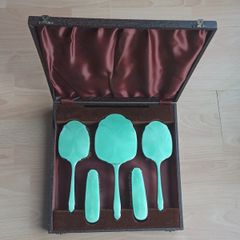 Vintage Art Deco 5 piece silver plated & light green guilloche enamel dressing table set, cased