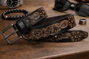 Unisex Genuine Leather Tooled Belt Vintage Floral Western Leather Belt