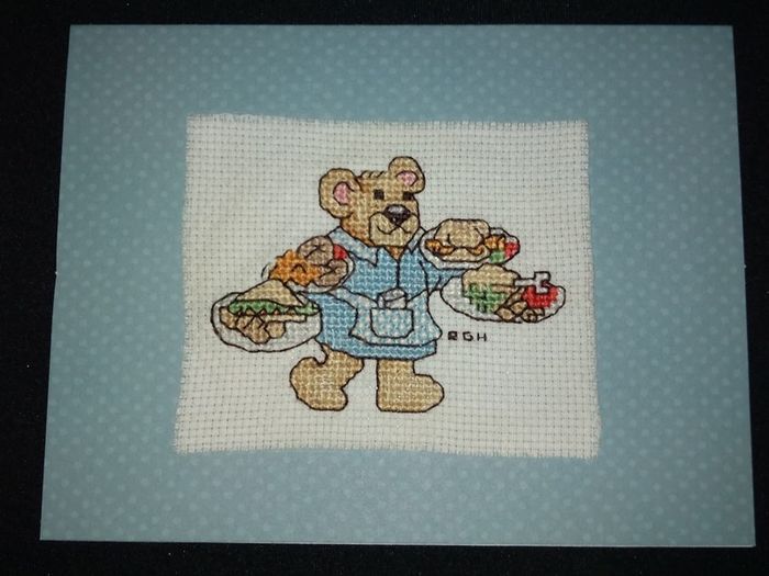 Handmade X-stitch Greeting Cards:- Waitress Bear