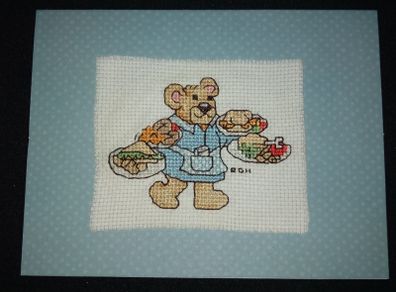 Handmade X-stitch Greeting Cards:- Waitress Bear