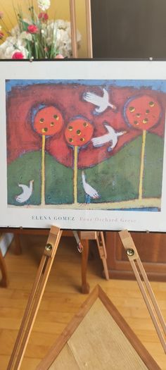 Framed Vintage  titled "Four Orchard Geese" by artist Elena Gomez.from the 1990s, specifically referenced in 1999.