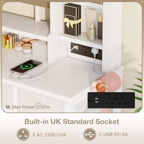 Dressing Table with Large LED Mirror, 3 Lighting Modes Adjustable Brightness, Built-in USB & AC Socket, Vanity Table with 4 Fabric Drawers, Modern Makeup Desk 100x40x140cm