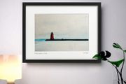 Grey Day, Poolbeg Lighthouse, Black Frame, by artist Helen Mathews
