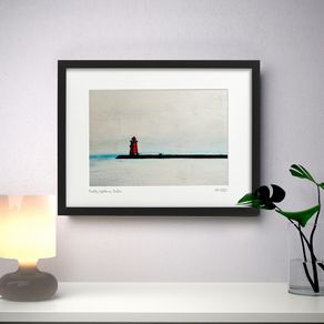 Grey Day, Poolbeg Lighthouse, Black Frame, by artist Helen Mathews