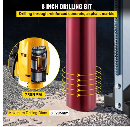 BRAND NEW 205mm Diamond Core Drill Rig 3980W Wet Dry Handheld Concrete Drilling Machine Kit W/ Bits and Spanner for Installing Pipes