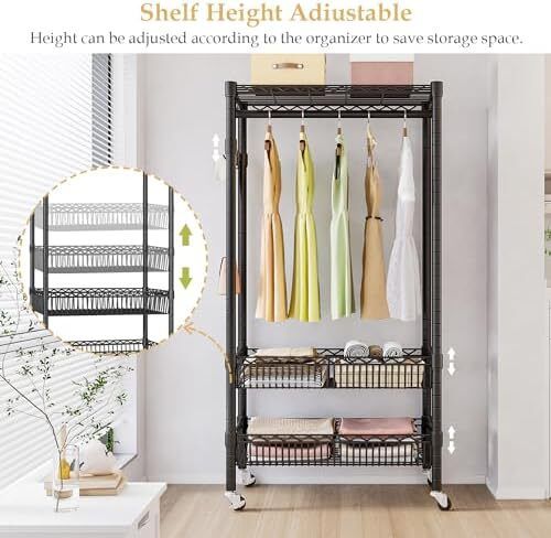 Clothes Rails with Wheels, Heavy Duty Clothing Rail Garment Rack Coat Rails Racks on Wheels, Stand Garment Coat Rack with Hanging Rods, Adjustable Storage Baskets and Hooks