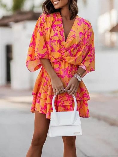 Orange and Pink batwing sleeve dress