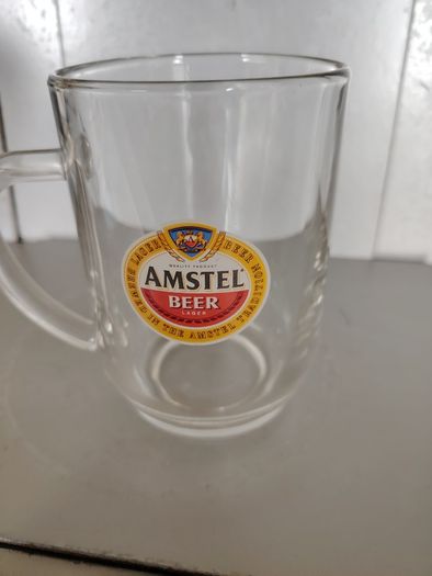 Vintage Amstel Bier Pint Tankard Glass 20oz - ARC France 1980s Flat Top D-Handle (23cm)