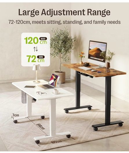 Electric Height Adjustable Standing Desk, 100x60cm Sit Stand Desk with Cable Tray, Hook and Storage Pocketse, Stand Up Desk with Memory Controller for Home Office