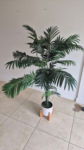 Artificial Palm Plant with White Pot & Wooden Stand
