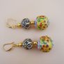 Afghani Handcrafted Yellow Colorful Enamel & Sparkling Brass Beaded Drop Earrings Vintage Ethnic Image 4