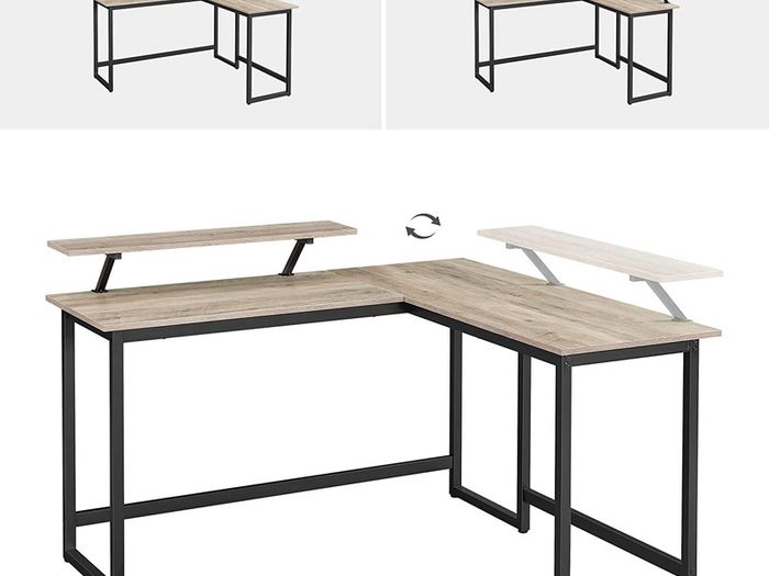 L-Shaped Desk, Corner Table with Monitor Stand, for Studying, Playing, Working, Space Saving, Adjustable Feet, Metal Frame, Easy Assembly, Taupe and Black