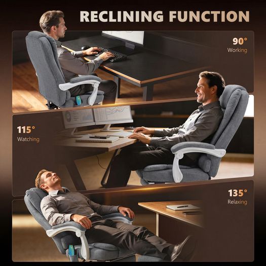 Heated 6 Points Vibration Massage Executive Office Chair Adjustable Swivel Ergonomic High Back Desk Chair Recliner with Footrest Grey