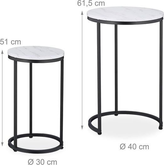 Nesting Tables, 2-Piece Set, 2 Sizes, Marble Effect, Metal Legs, Round, Living Room, for Sofa, White/Black