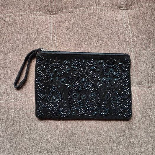 Black beaded wrist strap bag