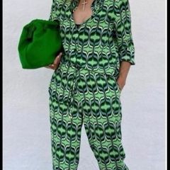 Fab Zara Bloggers Insta Famous Green Printed Co Ord Set Shirt and Wide Leg Trousers