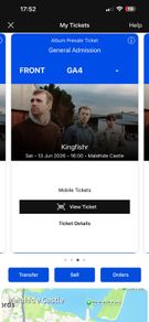2 kingfishr tickets for sale Malahide castle 13th June