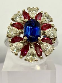 Kashmir Kyanite, African Ruby Moissanite Cluster Ring