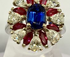 Kashmir Kyanite, African Ruby Moissanite Cluster Ring