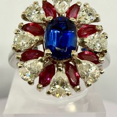 Kashmir Kyanite, African Ruby Moissanite Cluster Ring